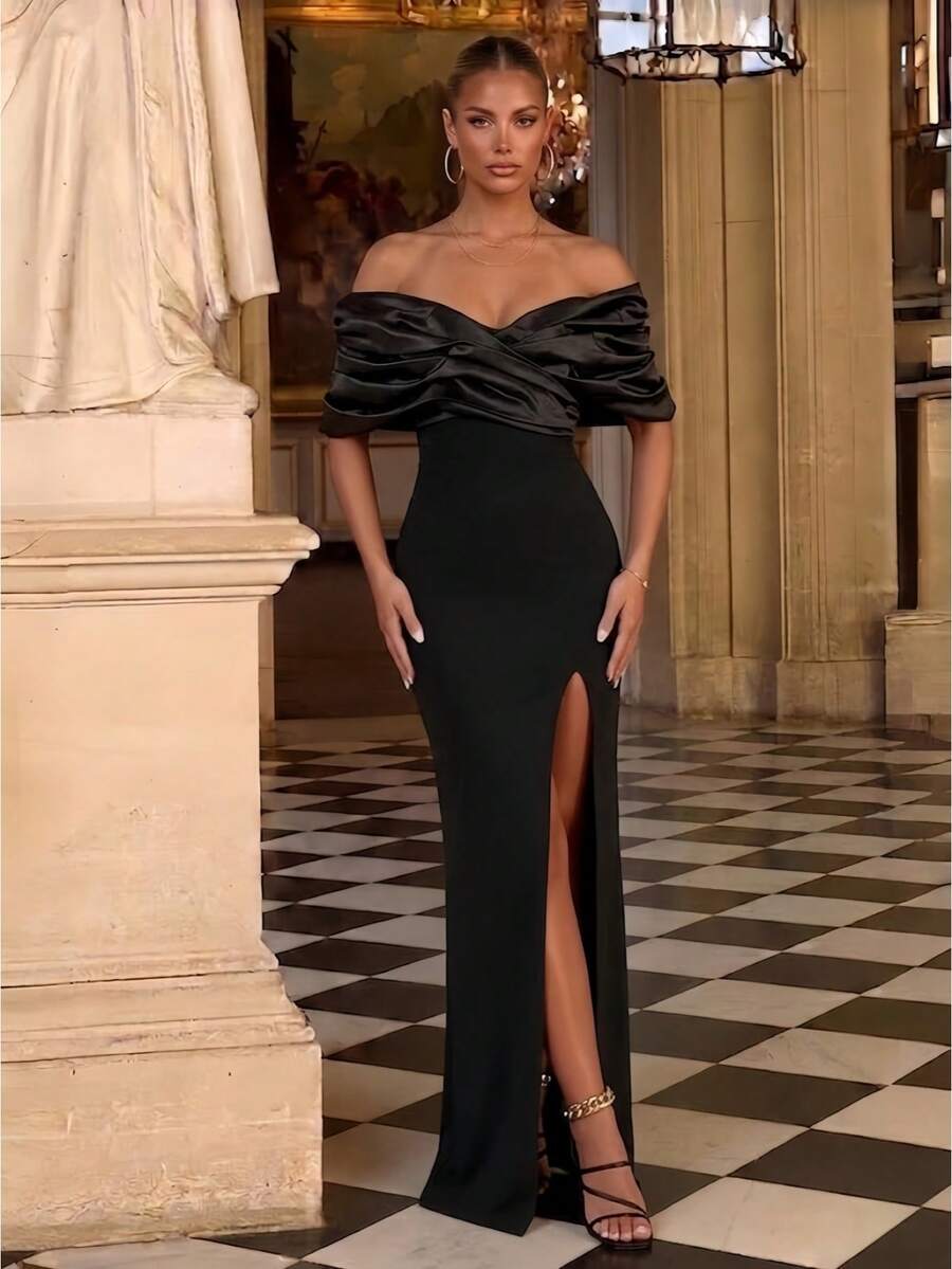 1pc Sleeveless Sexy Slit Ruched Solid Color Bodycon Dress, Cocktail Semi Formal Prom Dress, For Birthday, Wedding Guest, Graduation, Dinner, Homecoming Party Dress Evening Dress,Gown Spring Black - Black - View 1