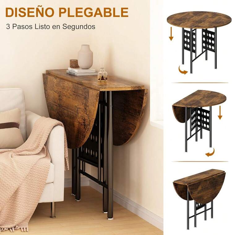 Mesa Plegable de Comedor, Barra de Desayuno, Mesa Comedor Redonda Cocina 80cm, Plegable para 4 a 6 Personas para Hogar, Que Ahorra Espacio en 3 Formas con Patas de Metal Resistentes - Marrón - Añade 9