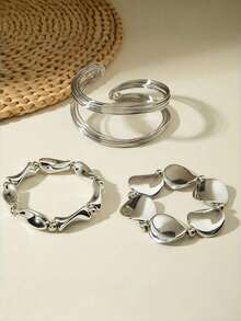3pcs Fashionable Exaggerated Open Metal Bangle Set, CCB Bracelets, Suitable For Daily Life, Parties, Gifts For Friends - Silver Wire Bracelet - View 3