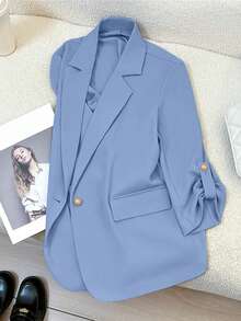 Blazer de un solo botón de unicolor, primavera/verano/otoño, manga tres cuartos, adecuado para mujeres de oficina, para ir al trabajo - Azul - Ver 1