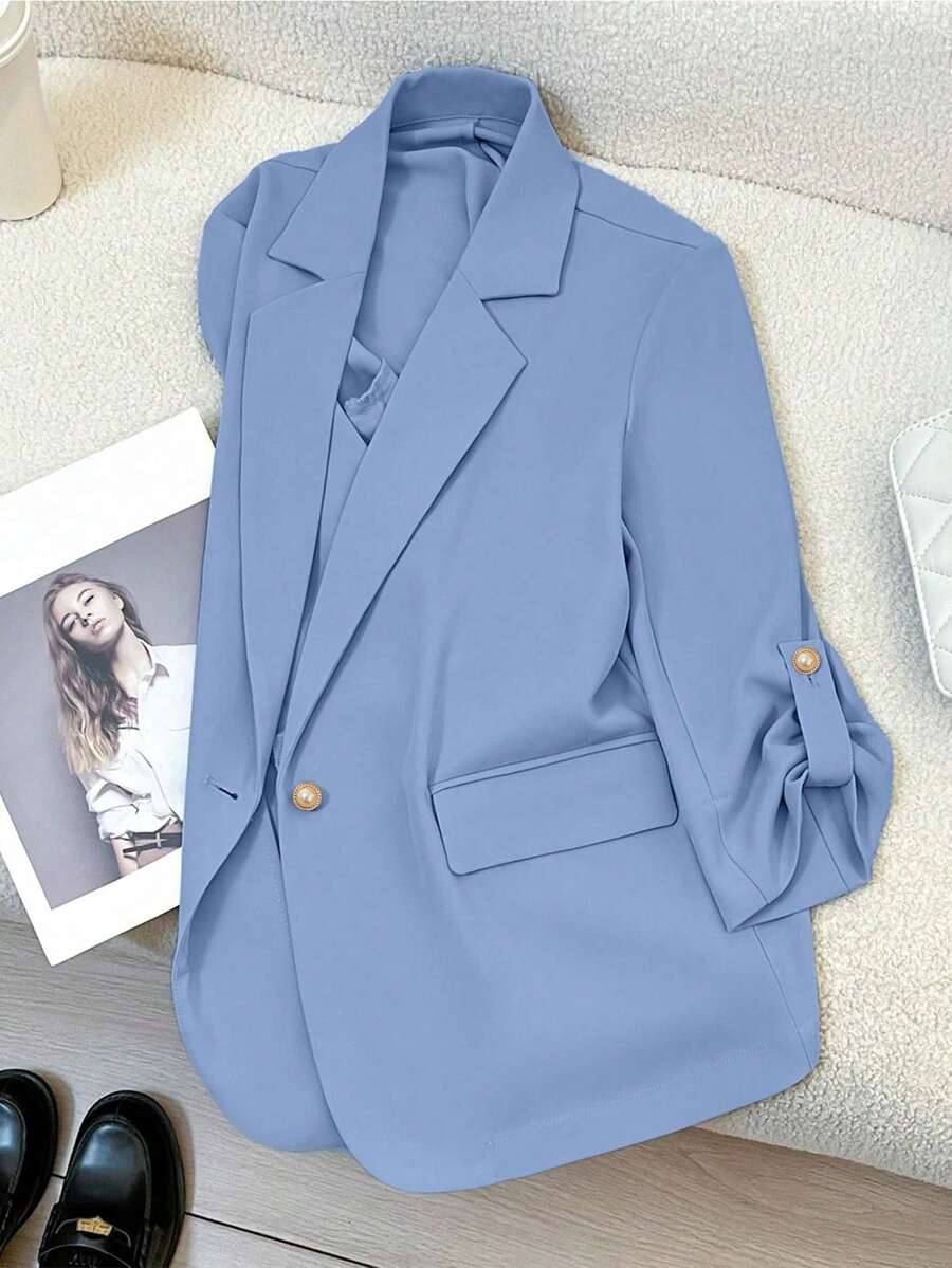 Blazer de un solo botón de unicolor, primavera/verano/otoño, manga tres cuartos, adecuado para mujeres de oficina, para ir al trabajo - Azul - Ver 1