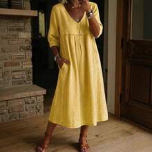 2026 New Casual Loose V-Neck Linen-Cotton Dress With Lace Trim - Yellow - View 2