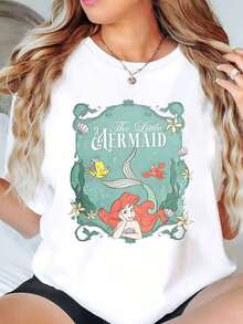The Mermaid Ariel And Friends Undersea Scene Print Disney Women T Shirt Round Neck Short Sleeve Casual Summer Wear For Everyday And Holiday Soft Comfortable 220g - trắng - Xem 1