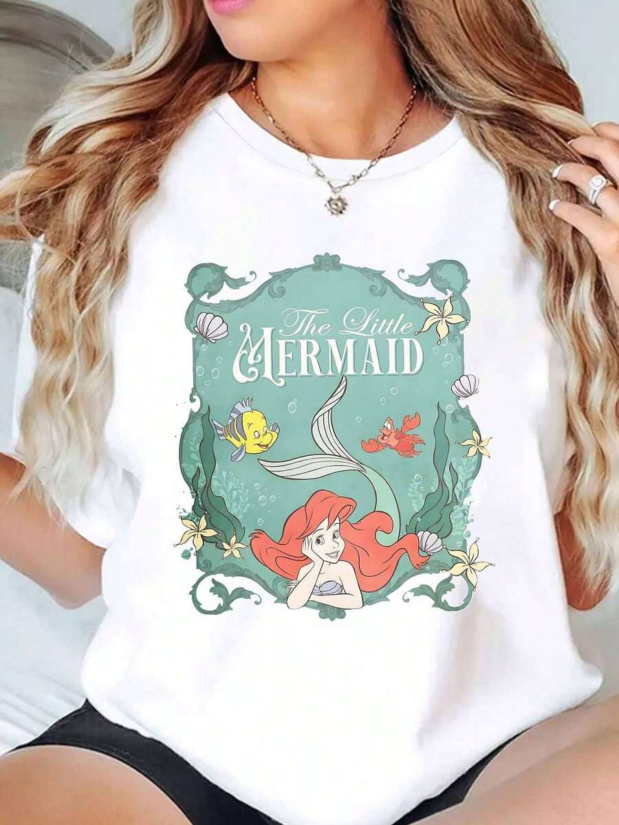 The Mermaid Ariel And Friends Undersea Scene Print Disney Women T Shirt Round Neck Short Sleeve Casual Summer Wear For Everyday And Holiday Soft Comfortable 220g - trắng - Xem 1