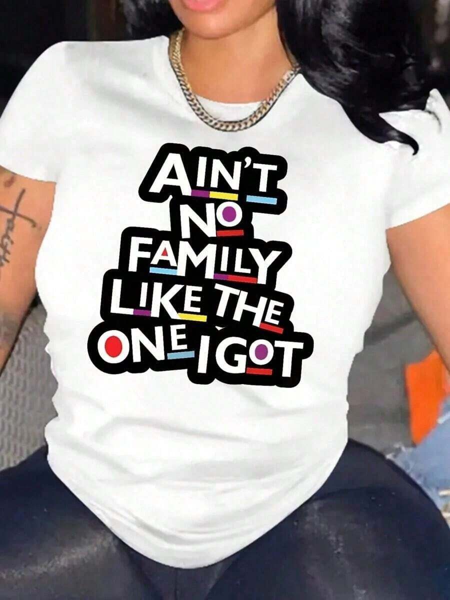 Polyester Knit Fabric - There's No Family Like The One I Have - Women's T-Shirt With Letter Print And Alphabet Graphic, Casual Crew Neck, Short Sleeves, All-Season Comfort - 白色 - 查看 1