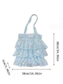 Ditsy Floral Layered Cake Tote Bag, Soft Chiffon Ruffle Korean Style Girl's Commute & School Large Capacity Shoulder Bag - Blue - View 7
