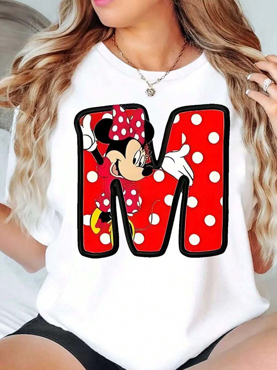 Minnie Mouse Red Polka Dot M Letter Print Disney Women T Shirt Round Neck Short Sleeve Casual Daily Wear Summer Holiday Soft Comfortable 220g - trắng - Xem 1