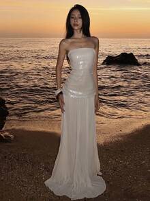 SIsterlinda-vestido elegante de lentejuelas para mujer, vestido sin mangas con cremallera, para playa, vacaciones, de cumpleaños, Club, ceñido elástico - Beis - Ver 4