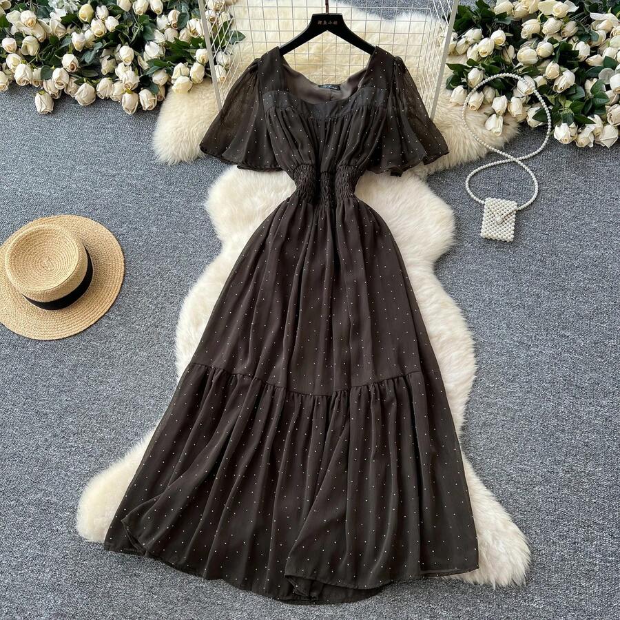 Vestido de Chifón con Lentejuelas y Cuello Cuadrado Retro, Manga Corta, Cintura Ajustada, Estilo Coreano, Falda Larga Drapead... - Marrón - Ver 1