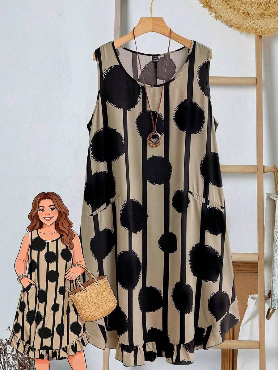 EMERY Vestido de verano casual de talla para mujer, de color verde militar sólido, sin mangas, con volantes en el bajo y parches de encaje en la espalda - Multicolor - Ver 1