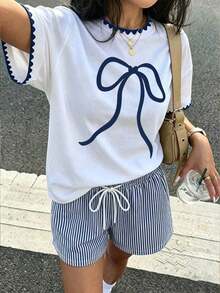 Conjunto de 2 piezas para mujer, top holgado de manga corta, shorts holgados cómodos, patrón de rayas azul marino, patrón de cóctel, superventas de verano - Multicolor 2 - Ver 5