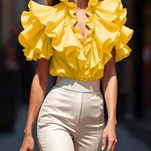 Fashion Women's Clothing  Blusa elegante de unicolor con volantes - Amarillo - Ver 1