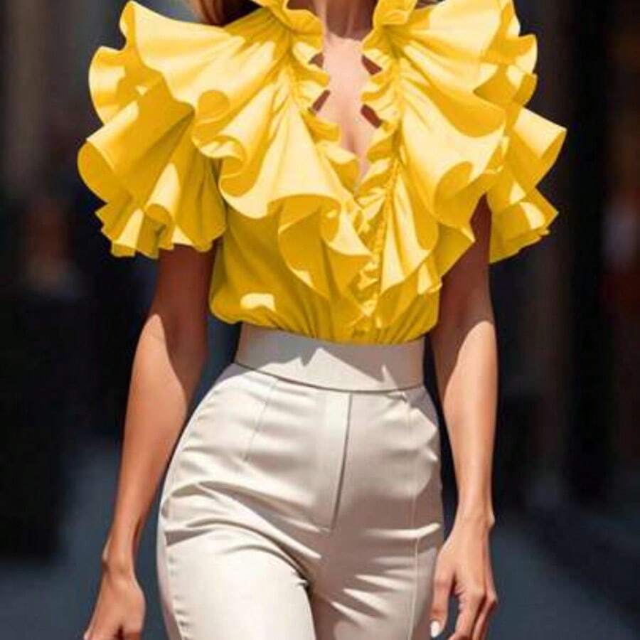 Fashion Women's Clothing Blusa elegante de unicolor con volantes - Amarillo - Ver 1