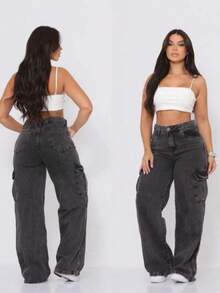 Graphite Cargo Jeans For Women, Wide Leg, 100% Cotton, 2 Pockets, Simple, Casual, Elegant, Sensual, Cargo Pockets, Zipper - 深灰色 - 查看 1