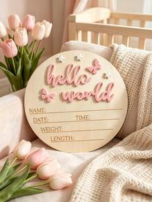 1pc Newborn Photography Props "HELLO WORLD" Baby Birth Announcement Sign, Wooden Baby Name Announcement Plaque, Baby Shower Easter Gifts, Girls/Boys - Multicolor - View 9