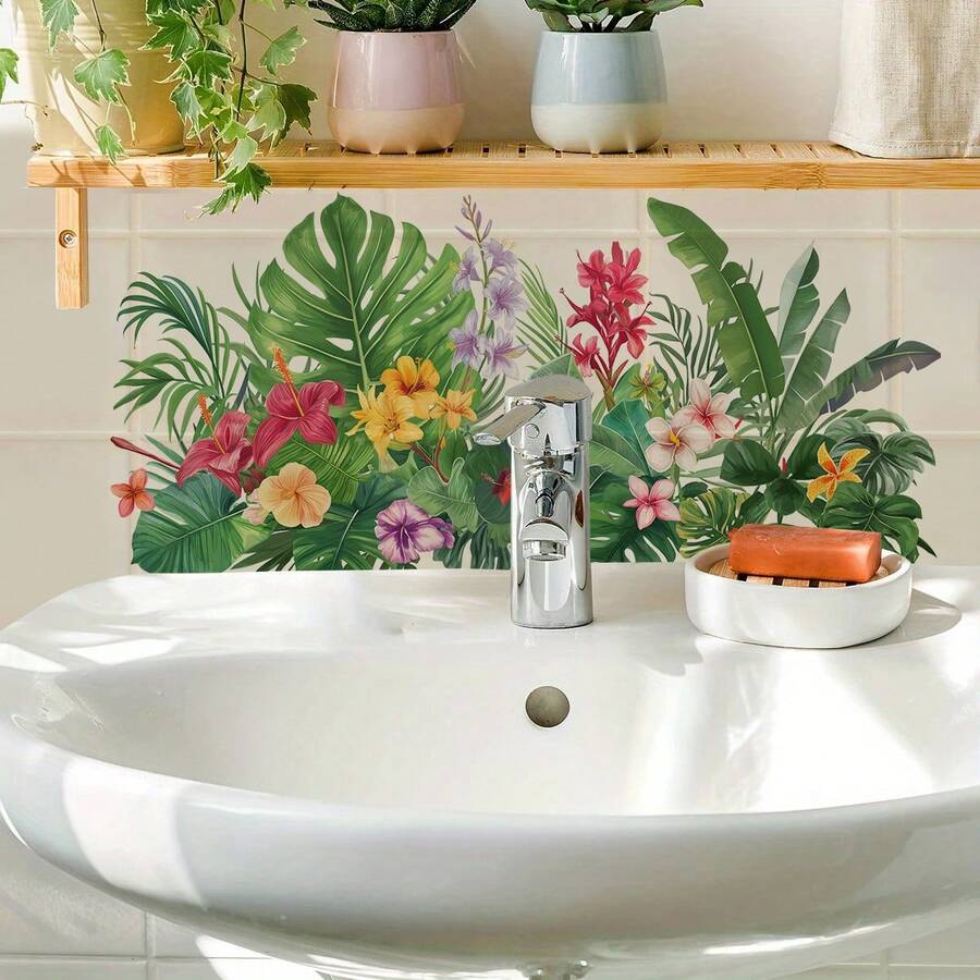 1PC Waterproof Tropical Floral Monstera Wall Decal, Removable PVC Jungle Plant Sticker, Suitable For Bathroom Tiles, Kitchen, Home Decor. - Multicolor - View 1