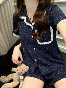 2pcs/Set Women's Pajamas Homewear, Lapel Short Sleeve Floral Print With Pockets, Shorts Comfortable, Suitable For Home Leisure - Blue - View 1