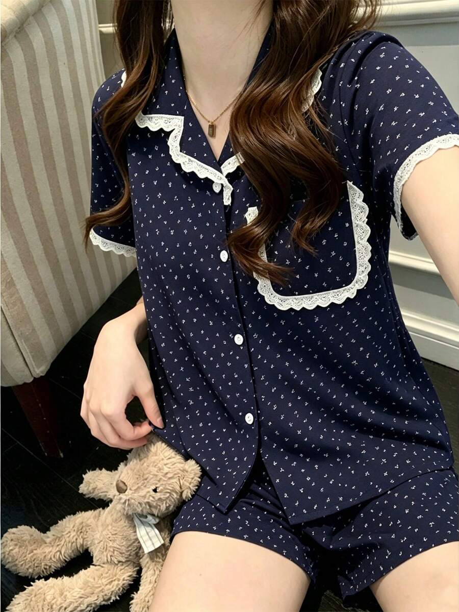 2pcs/Set Women's Pajamas Homewear, Lapel Short Sleeve Floral Print With Pockets, Shorts Comfortable, Suitable For Home Leisure - Blue - View 1