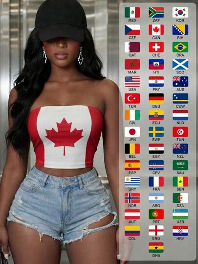 Women's Casual Canada Flag Print Strapless Backless Crop Top, Suitable For Summer & Spring, Must-Have For Match Days, Football/Soccer Event Outfits, Football/Soccer Viewing Parties, Women's Football/Soccer Match Day Looks, 2026 World Cup