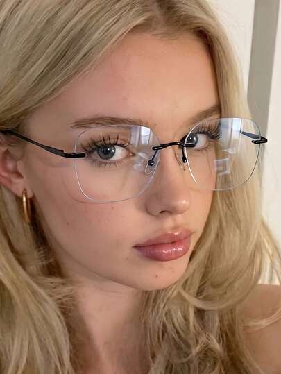 نظارة نسائية بإطار معدني رفيع بدون وصفة طبية، بتصميم بسيط فاخر باللون الأسود