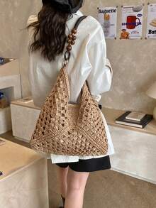 2026 Bolso de hombro tejido a ganchillo de color contrastante a la moda, bolso de hombro con asa superior tejida hueca, bolso de tote casual con decoración de cuentas de madera, artículo esencial para amantes de las vacaciones de primavera/verano en la playa y los viajes, perfecto para la playa, el resort, la piscina y las escapadas a la isla - Caqui - Ver 3