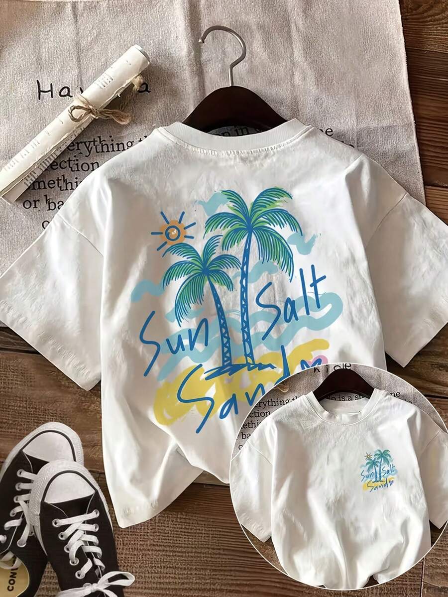 Women's Casual Summer Reversible Top With Two-Sided Print, Hand-Painted Style With Palm Trees, Sun And Sand Pattern, Round Neck, Short Sleeve, Solid Color. - 白色 - 查看 1