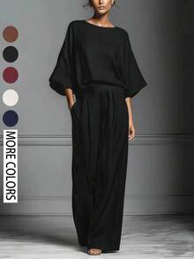 Women's Elegant Bell Sleeve Linen Set, Summer 2026, Casual And Elegant Style, European And American Style, Comfortable And Chic - 黑色 - 查看 10