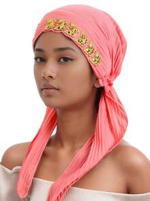 1pc Crinkle Solid Color Turban Hijab With Gold Rhinestone Decor, Stretchy Pre-Tied Head Scarf For Muslim Women, Instant Head Wrap Cap - A - View 12