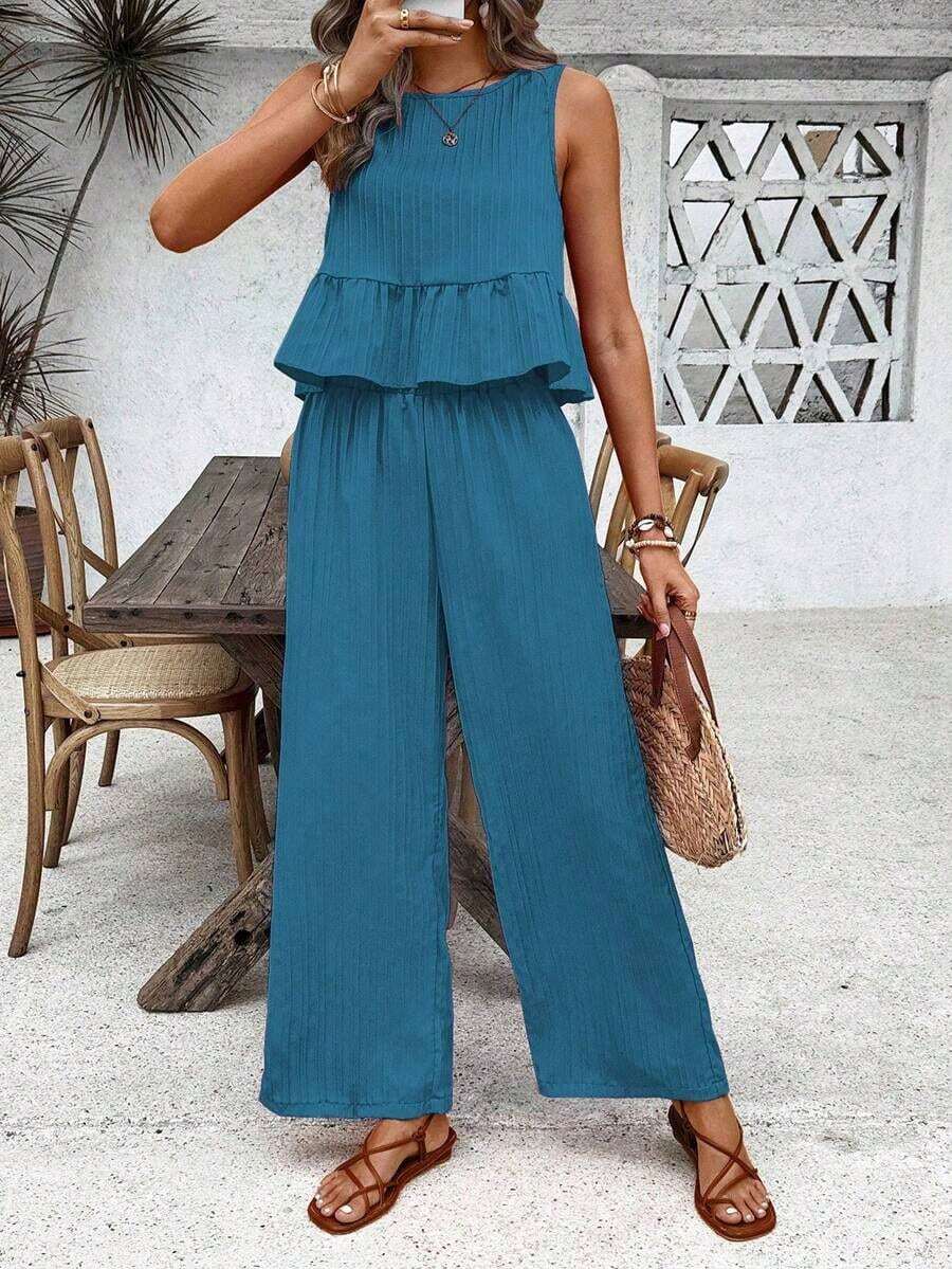 Conjunto casual de 2 piezas con blusa plisada de unicolor y pantalones de pierna ancha para mujer - Niebla azul - Ver 1