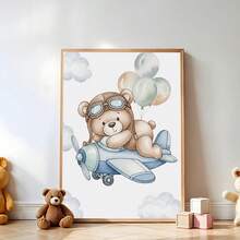 1件帆布壁畫，兒童房裝飾相框，水彩飛熊壁畫，以可愛熊駕駛飛機和跳傘設計為特色，配有柔和藍色雲朵和氣球，中性育兒室裝飾，可直接掛牆 - 彩色 - 查看 10