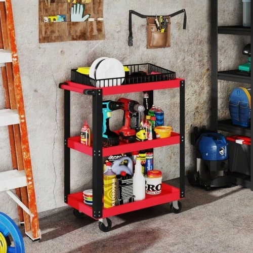 Tool Trolley With 3 Levels, Metal Frame, 120 Kg Load Capacity, Wheels, Handle, Red - 1PC - View 1