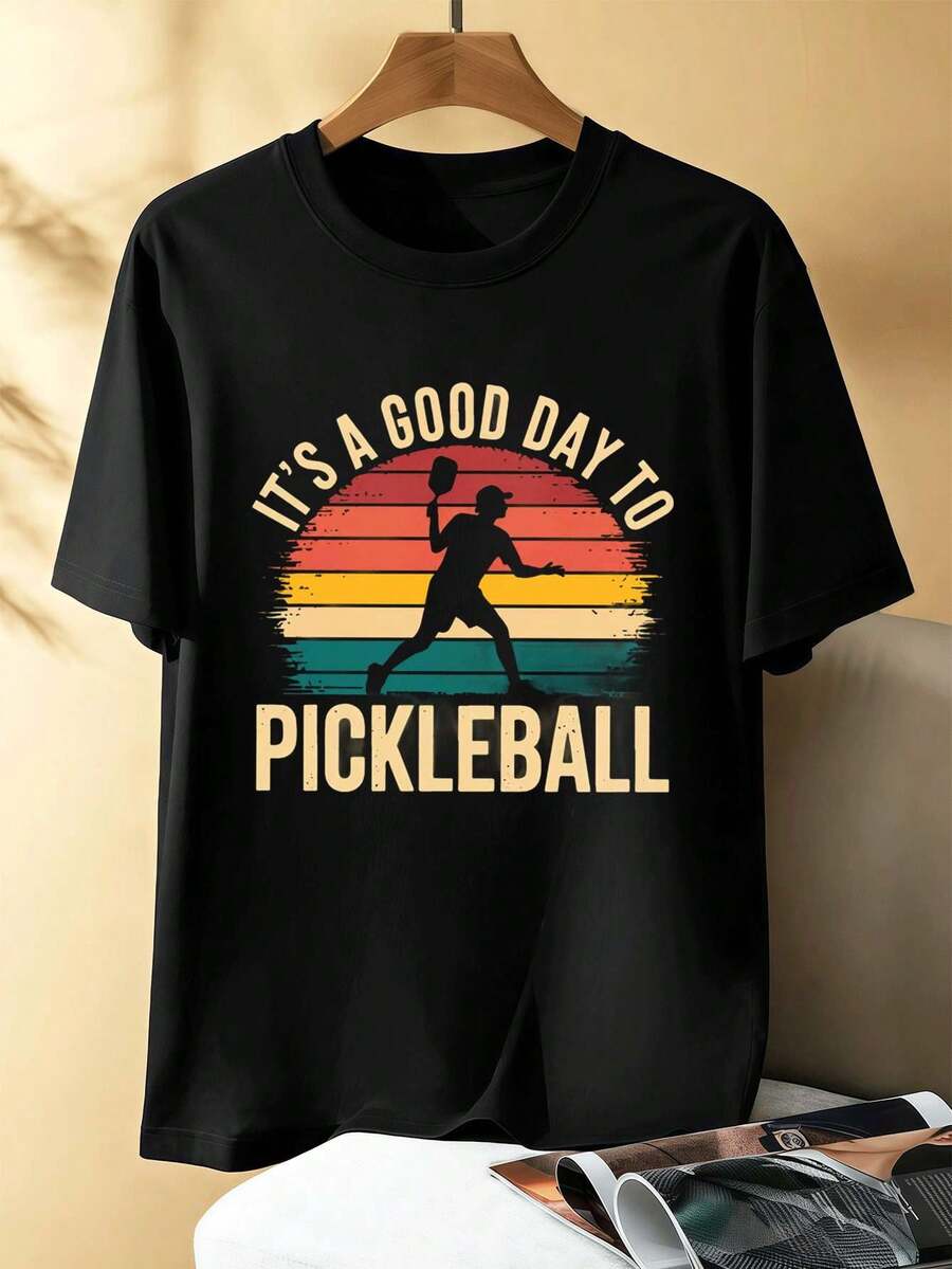 Vintage Pickleball Men's T-Shirt Made Of Soft Cotton, Street Hip-Hop Style, Comfortable, Durable, Unique Graphic Print - Black - View 1