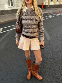 Plus Size Women's Vintage Fair Isle Pattern Sweater, Round Neck Long Sleeve Loose Fit, Casual Retro Autumn/Winter - Grey - View 6