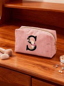Customized A-Z Letter Corduroy Pencil Case, Customized Initial, Back To School Essential Pencil Bag, Valentine's Day Gift Makeup Bag, Ramadan Gift Choice, Large Capacity Travel Cosmetic Organizer (Smooth Zipper), Fresh And Cool Pink & White Letter Print Design, Lightweight And Foldable, Portable And Easy To Store, Thoughtful Gift For Girlfriend/Bridesmaid, Durable Toiletry Organizer For Home And Travel, Popular Back To School Gift - Multiple Styles - View 9