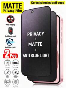 适用于 17 Pro Max 的 2 片/套哑光紫色隐私屏幕保护膜，全覆盖柔性软膜，具有防蓝光和防窥功能，兼容 16 Pro Max/13 Pro/14 Pro/15/14/13/12/11/17e/16 Plus 系列手机壳 - 黑色 - 查看 1