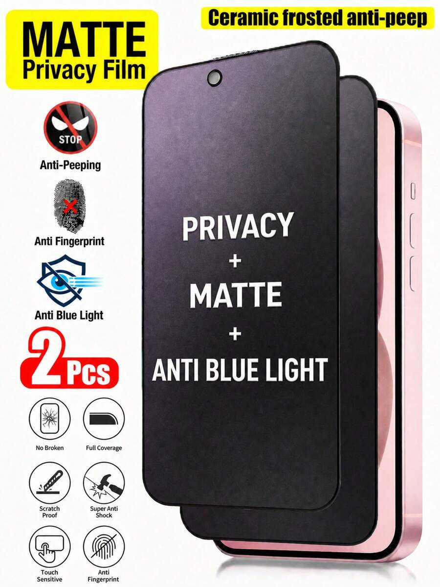 适用于 17 Pro Max 的 2 片/套哑光紫色隐私屏幕保护膜,全覆盖柔性软膜,具有防蓝光和防窥功能,兼容 16 Pro Max/13 Pro/14 Pro/15/14/13/12/11/17e/16 Plus 系列手机壳 - 黑色 - 查看 1