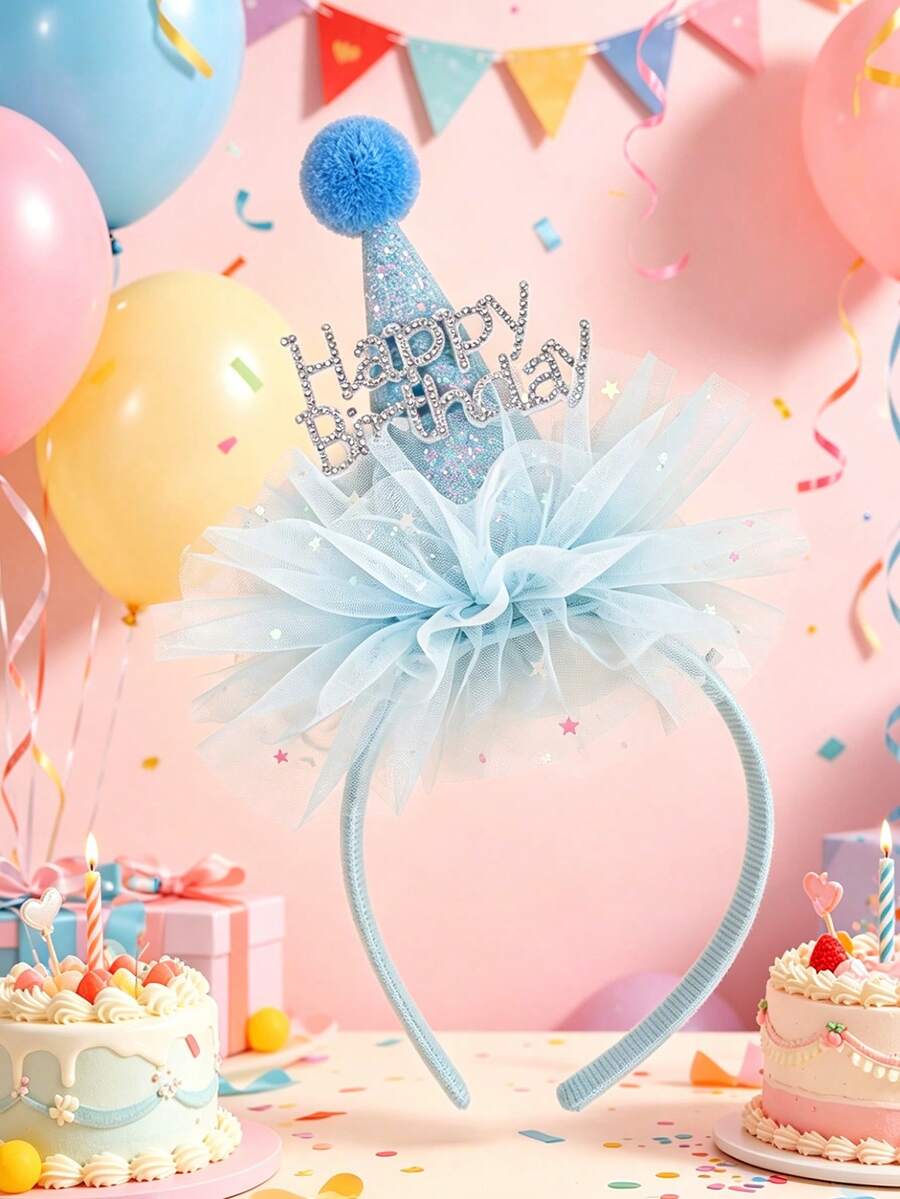 1件装生日快乐蓝色薄纱发箍,镶钻生日帽发箍,时尚发饰,节日装饰礼物(女孩适用) - 彩色 - 查看 1
