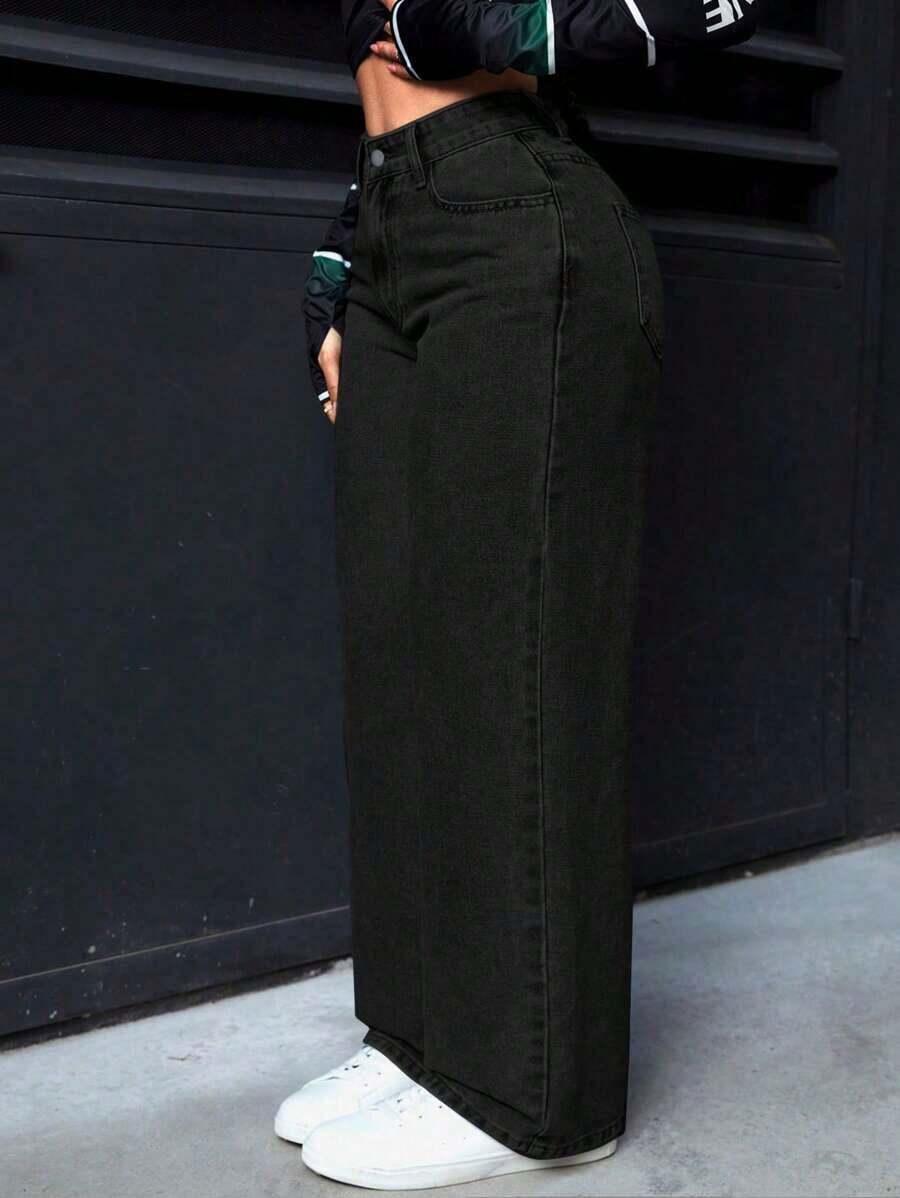 PETITE Jeans rectos de cintura alta lavados de estilo casual para mujer - Negro - Ver 1