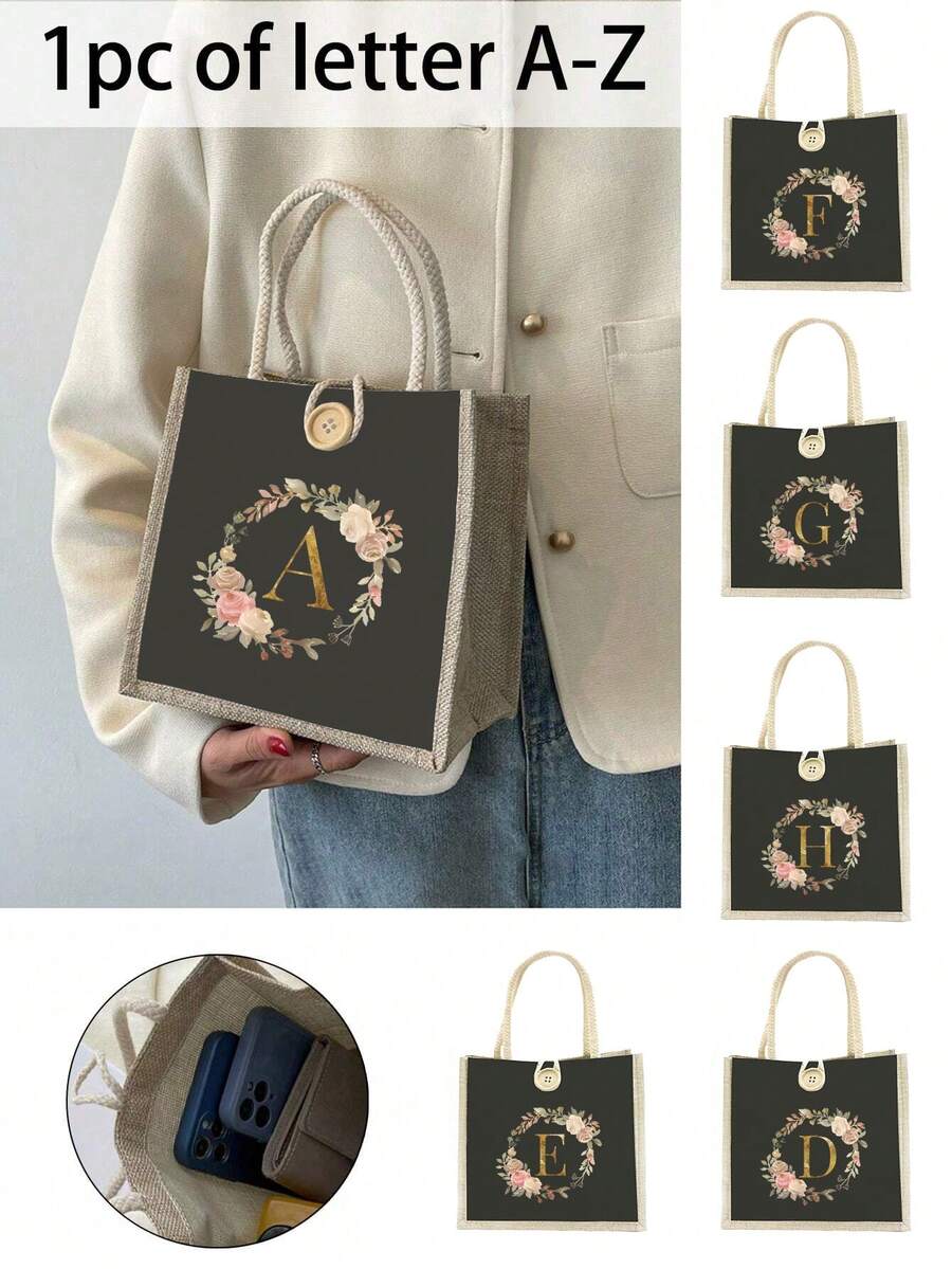 1个简约字母印花帆布手提袋,多功能便携教师手提包,女士礼物,毕业礼物,字母图案礼品袋,大容量印花女士手提包,可重复使用购物袋,适合日常使用、度假、通勤、旅行 - 彩色 - 查看 1