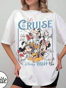 Charming Disney Bear & Friends Castle Print Tops De Mujer, Sweet Cartoon Art Short Sleeve T-Shirt, Lovely Vintage Bear Graphic Tee, Soft Breathable Casual Daily Outfit, Delicate Disney Trip & Vacation Wardrobe Essential --Disneys Disneyland Paris The Magic Kingdom Disneyesque B6Holiday Gifts Valentine's Day Gifts Earth Day Gifts Oktoberfest Gifts Summer Bank Holiday Gifts - 白色 - 查看 6