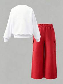 Young Girl Crew Neck Letter Print Long Sleeve Sweatshirt And Sweatpants Casual Daily Set - Red - View 3