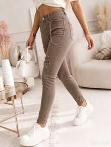 Pantaloni boyfriend in denim da donna con fori a catena, casual, da tutti i giorni, strappati - colore granata - Visualizzare 3