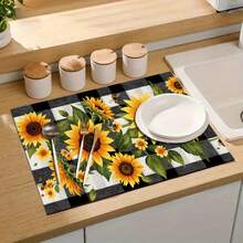 1pc Dish Drying Mat, Coffee Machine Mat, Kitchen Counter Draining Pad, Highly Absorbent & Quick Dry, Black & White Checkered Sunflower & Bee Pattern, Suitable For Dining Table, Cafe, Bar Counter, Bowls & Utensils Drying, Multi-Purpose Drainage Mat, Home Gift, Tabletop Decor - XYLSD-406 - View 9