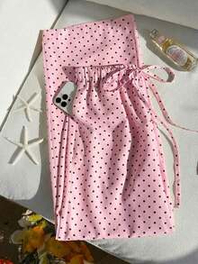 Pantalones de pierna ancha con cintura anudada y estampado de lunares para mujer - Rosa Pálido - Ver 5