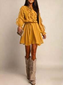 Vestido de manga larga con volantes y cordón de unicolor elegante y de moda para uso diario y citas, primavera - Amarillo - Ver 3