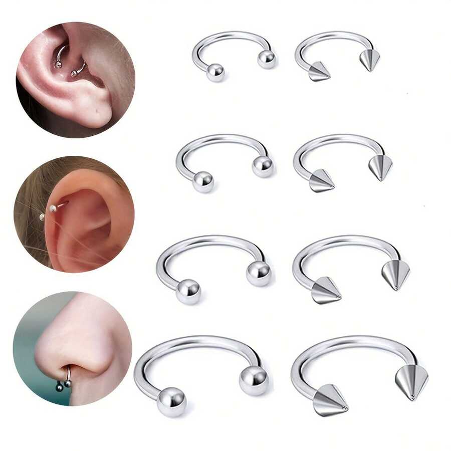 8 piezas Anillos nasales en C de acero inoxidable - Plateado - Ver 1