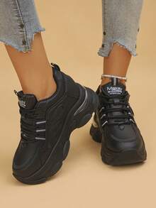 Women's Platform Sneakers, Casual Lace-Up Letter Print Sporty Trainers, Suitable For Spring And Autumn - Black - View 5