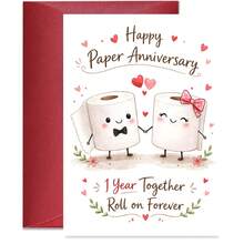 情侣结婚一周年纪念卡，可爱卫生纸卷设计，附赠红色信封 - 週年紀念卡 - 查看 1