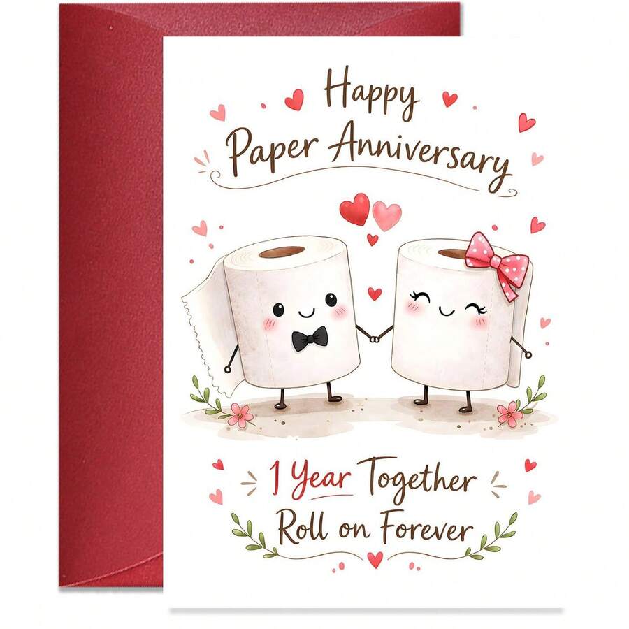 情侣结婚一周年纪念卡,可爱卫生纸卷设计,附赠红色信封 - 週年紀念卡 - 查看 1
