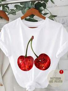 Camiseta de manga corta con estampado de cerezas para mujer, ideal para vacaciones, primavera y ropa de resort-Vintage Street Style Unisexoose Cotton Short Sleeve Crew Neck T-Shirt - Blanco - Ver 1